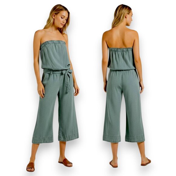 Anthropologie Cloth & Stone Dusty Teal Strapless Wide Leg Jumpsuit M Coastal - Picture 1 of 11